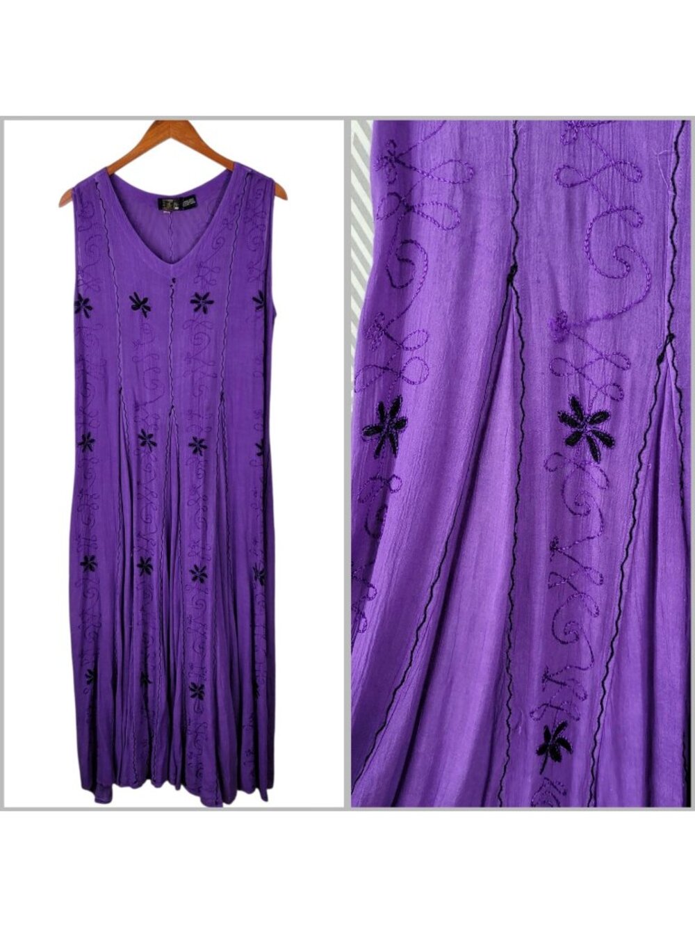 Vintage Boho Dress Large Flair Skirt Purple Embroidered Renaissance Gauze Hippie